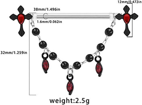 14G Black Cross Industrial Barbell Earrings for Women Men 316L Surgical Steel Red CZ Chains Dangle Cartilage Industrial Earrings Industrial Piercing Jewelry 38mm in Saudi Arabia