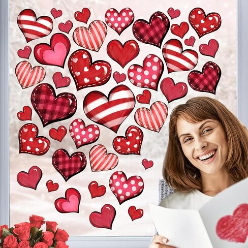 Mfault 133 PCS Valentine's Day Window Clings 9 Sheets, Red Pink Love Hearts Plaid Stripes Polka Dots Valentine Wall Sticker Decal Decoration, Anniversary Wedding Holiday Living Room Home Kitchen Decor in Kuwait
