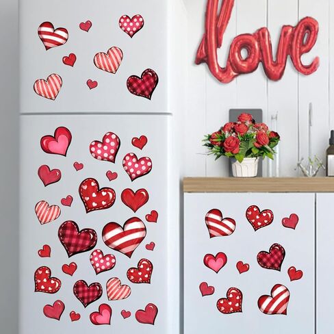 Mfault 133 PCS Valentine's Day Window Clings 9 Sheets, Red Pink Love Hearts Plaid Stripes Polka Dots Valentine Wall Sticker Decal Decoration, Anniversary Wedding Holiday Living Room Home Kitchen Decor in Kuwait