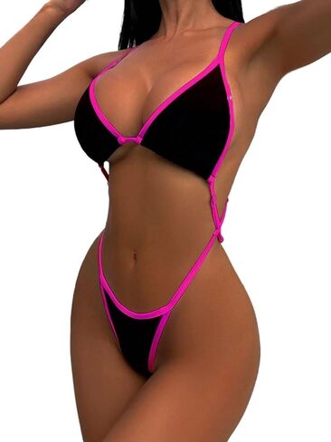 Womens Backless Colorblock Sexy Thong Swimsuit Monokini - One Piece Bikini for Summer Beach Fun in Saudi Arabia