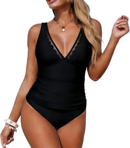 Womens Tankini Sets V Neck Mesh Scalloped Two Piece Bathing Suits Tank Mid Rise Swimwear Monokini in Saudi Arabia