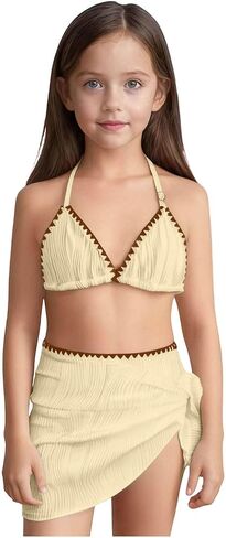 الفتيات ملابس السباحة العصرية الخامس الرقبة الأشرطة قابل للتعديل مجموعة البكيني عالية الخصر 3 قطعة لباس سباحة مع التستر 8-16 سنة in Kuwait