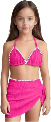 Girls Swimsuit Trendy V Neck Adjustable Straps Bikini Set High Waisted 3 Piece Bathing Suits with Cover Up 8-16 Years in Saudi Arabia
