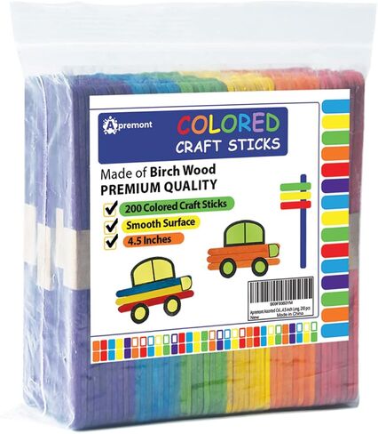 200 pcs Colored Wooden Craft Sticks, Popsicle Stick, Arts and Crafts, Best for DIY Games Making, Building Designs or Kids Education, 4.5 inch Long (4.5 Inches, Mixed Colors) in Kuwait