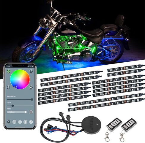 LEDGlow 14pc Bluetooth Advanced مليون لون LED لهجة الدراجة النارية مجموعة الإضاءة السفلية - تطبيق الهاتف الذكي - ميزة مصابيح المنطقة المزدوجة وأضواء الفرامل - صندوق تحكم مقاوم للماء - شرائط مرنة متعددة الألوان in Saudi Arabia