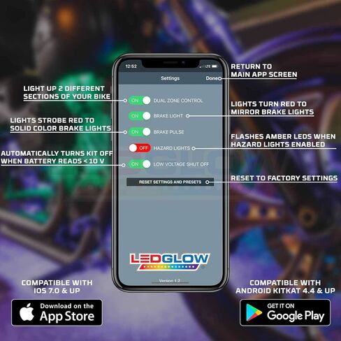 LEDGlow 14pc Bluetooth Advanced مليون لون LED لهجة الدراجة النارية مجموعة الإضاءة السفلية - تطبيق الهاتف الذكي - ميزة مصابيح المنطقة المزدوجة وأضواء الفرامل - صندوق تحكم مقاوم للماء - شرائط مرنة متعددة الألوان in Saudi Arabia