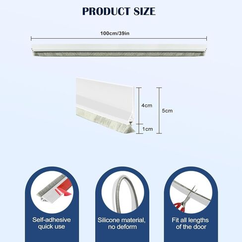 ممسحة باب لأسفل الباب، سدادة مسودة باب ذاتية اللصق، تصميم مثلث يضمن سدادة مسودة مستقيمة ومتينة، ختم تجريد للغبار والضوضاء وعزل الهواء، أبيض، 99 سم in Kuwait