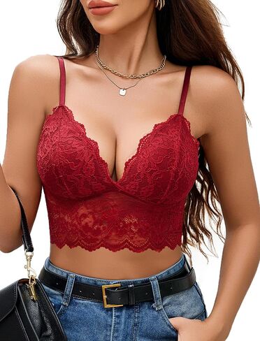 Avidlove Bralettes for Women V Neck Spaghetti Strap Bra Lace Bustier Tops Sexy Crop Top Going Out Outfits Lingerie Wine Red in Saudi Arabia