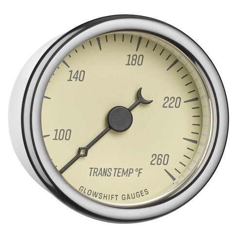 مجموعة قياس درجة حرارة ناقل الحركة GlowShift Classic Series 260F - تتضمن مستشعرًا إلكترونيًا 1/8-27 NPT وأحزمة أسلاك - قرص أبيض عتيق - LED أبيض - تصميم على الطراز العتيق - 2-1/16 بوصة (52 مم) in Kuwait