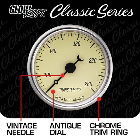 مجموعة قياس درجة حرارة ناقل الحركة GlowShift Classic Series 260F - تتضمن مستشعرًا إلكترونيًا 1/8-27 NPT وأحزمة أسلاك - قرص أبيض عتيق - LED أبيض - تصميم على الطراز العتيق - 2-1/16 بوصة (52 مم) in Kuwait