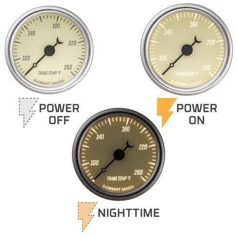 مجموعة قياس درجة حرارة ناقل الحركة GlowShift Classic Series 260F - تتضمن مستشعرًا إلكترونيًا 1/8-27 NPT وأحزمة أسلاك - قرص أبيض عتيق - LED أبيض - تصميم على الطراز العتيق - 2-1/16 بوصة (52 مم) in Kuwait