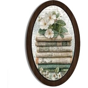 BIWSHA خمر كتاب بيضاوي جدار الفن ديكور المكتبة، عشاق الكتب هدايا النادي، ريفي الأزهار Bookish مؤطرة خشبية جدار الفن شنقا ديكور غرفة لغرفة المعيشة مكتبة المنزل، 10.2x15.7 بوصة in Kuwait