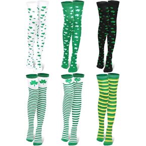 6 Pairs St Patricks Day Knee Thigh High Socks for Women Long Green Socks Irish Knitted Shamrock White Green Stripe Socks in Kuwait