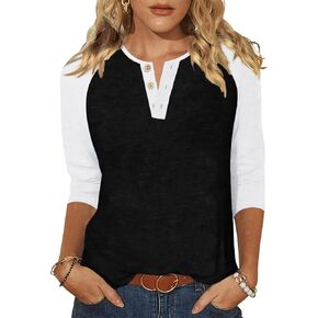Halife Women's Casual 3/4 Sleeve T Shirts Button V Neck Tunic Blouses Color Block Basic Tee Tops Loose Fit Summer Shirt in Kuwait