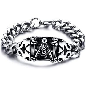 Rockyu Brand Popular Bracelet, Stainless Steel, Men's, Masonic Engraved, Chain, Men's Bracelet, Celebrity, Coming-of-Age Ceremony, Gift in Kuwait