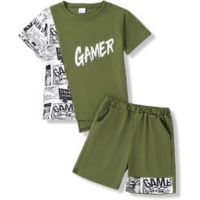 Boys 2 Piece Outfits Short Sleeve Colorblock T-shirt and Shorts Summer Casual Clothes for 6-12 Years in Saudi Arabia
