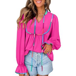 ملابس علوية نسائية أنيقة ملابس علوية غير رسمية على شكل دمية طفل نفخة كم طويل مطوي رقبة على شكل V بلوزة تونيك للخريف بلوزة لطيفة بربطة أمامية XL أحمر وردي in Kuwait