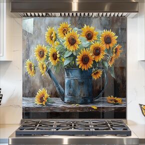 fzxwyishu Tempered Glass Backsplash for Kitchen,Stove Splashback Protector Sunflower Design | Heat-Resistant Splash Board, Kitchen Wall Decoration in Saudi Arabia