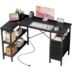 DUMOS L Shaped Desk with Shelf Drawers 47 Inch, Brown Corner Computer Desks Gaming with Power Outlet, Study Table with Adjustable Shelves, Home Office Tables for Bedroom Teacher Reading Writing in Saudi Arabia