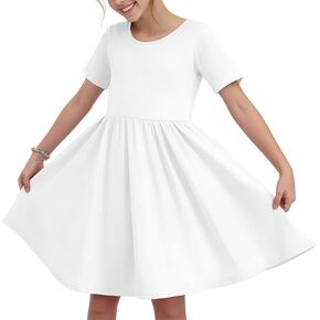 فستان صيفي للفتيات بأكمام قصيرة للأطفال الصغار فستان تي شيرت على شكل حرف A للمدرسة فستان كاجوال مع جيوب in Kuwait