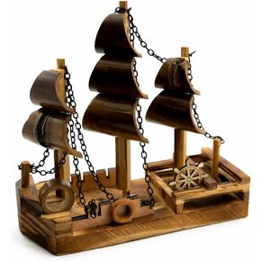 Handcrafted Wooden Sailing Ship Model – Rustic Nautical Decor Boat Figurine with Chains & Sails – Tabletop Decorative Ship for Home, Office, or Gift – 7 x 2.5 x 7 in in Saudi Arabia