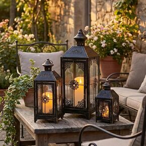 فانوس ديكور من JHY DESIGN مقاس 9.5 بوصة، فانوس شموع معدني عالي الطراز، فانوس معلق لحفلات الزفاف في الأماكن المغلقة والخارجية (أسود مع فرشاة ذهبية) in Kuwait