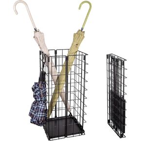 حامل مظلة، حامل مظلة للمدخل، منظم رف مظلة معدني كبير قابل للطي قائم بذاته، مع صينية مياه وخطافات، رف مجوف مستطيل 9.5 × 9.5 × 19.7 بوصة (أسود) in Kuwait