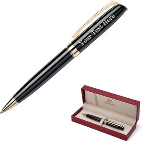 Massete Linea Executive Modern Luxury Ballpoint Pen, Glossy Black with 23K Gold Plated Trim, Twist to Open Engravable Presented in Gift Box Extra Refill Included Medium Tip Black Ink - Custom Engraved in Kuwait
