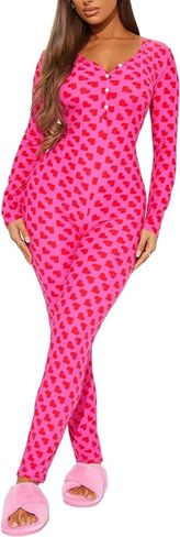 بيجامة قطعة واحدة للعطلات من LILTWIST للنساء بيجامة مثيرة مخططة على شكل قلب وردي بدلة نوم لطيفة مطبوعة بالحب بدلة نوم رومبير in Kuwait