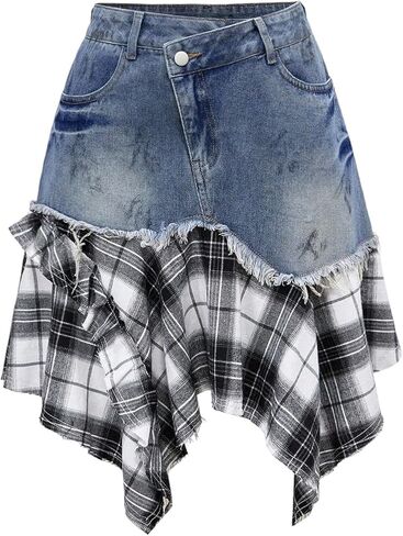SOLY HUX Women's Plus Size Y2k Plaid Denim Skirts Grunge Punk A Line Flowy Short Skirt in Saudi Arabia
