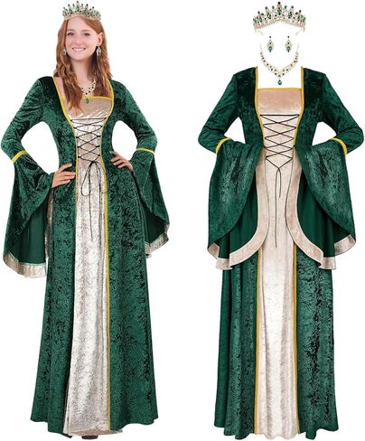 Mepase Women Renaissance Velvet Dress Medieval Costume with Rhinestone Tiaras Crowns Irish Dresses Halloween Gothic Cosplay in Saudi Arabia