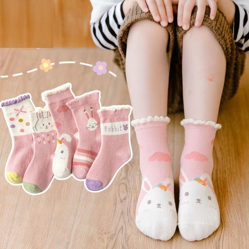 Kids Socks, New Cute Cartoon Bunny Pink Girl Socks, Korean Style Mid-Crew, 6 Pairs, Soft Cotton, for Girls 4-10 Years in Saudi Arabia