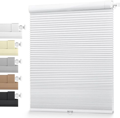 Cordless Cellular Shades, No Drill Light Filtering Honeycomb Blinds for Indoor Windows, Easy Install Spring Rod Inside Mount Window Coverings for Bathroom, Bedroom（White,19" W x 36" H） in Saudi Arabia