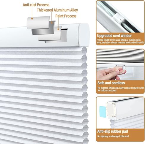 Cordless Cellular Shades, No Drill Light Filtering Honeycomb Blinds for Indoor Windows, Easy Install Spring Rod Inside Mount Window Coverings for Bathroom, Bedroom（White,19" W x 36" H） in Saudi Arabia