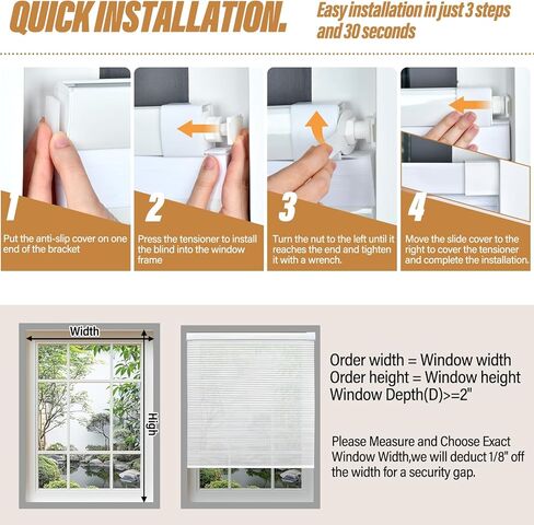 Cordless Cellular Shades, No Drill Light Filtering Honeycomb Blinds for Indoor Windows, Easy Install Spring Rod Inside Mount Window Coverings for Bathroom, Bedroom（White,19" W x 36" H） in Saudi Arabia