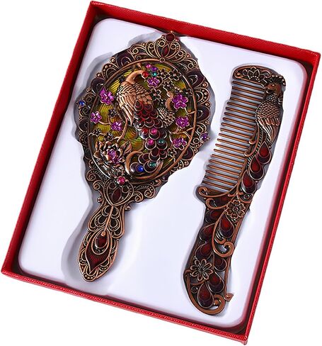 Vintage Peacock Hand Mirror and Comb Set - Retro Metal Dresser Mirror with Decorative Comb, 13x7cm Portable Makeup Mirror for Vanity Table (Antique Tin Color) (Ancient Bronze Color) in Saudi Arabia