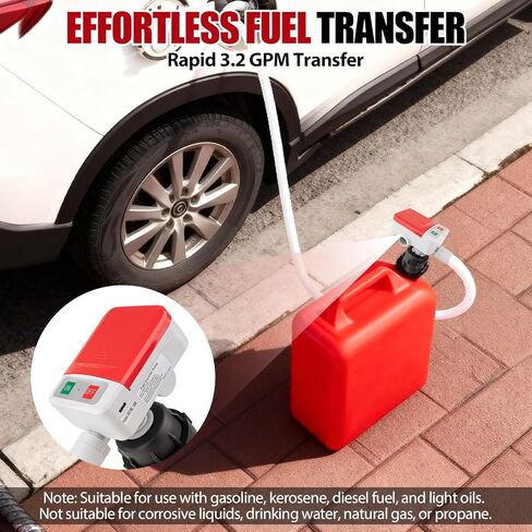 مضخة نقل الوقود ذات الإيقاف التلقائي، مضخة غاز محمولة تعمل بالبطارية/USB، تدفق 3.2GPM، خرطوم 51 بوصة و4 محولات للبنزين والديزل والزيت in Kuwait