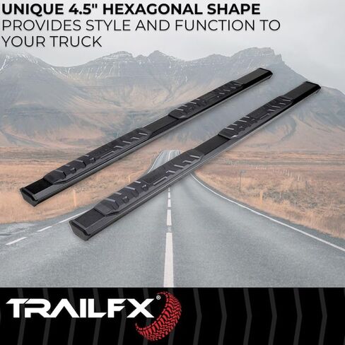 قضبان TrailFX Nerf لعام 2019-2025 شيفروليه سيلفرادو 1500 كابينة مزدوجة من التيتانيوم الأسود المطلي بمسحوق الألومنيوم 4.5 بوصة خطوات جانبية سداسية مع وسادات خطوة مجموعة تثبيت لوحة الروك من لوحتي تشغيل in Saudi Arabia