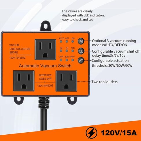Automatic Vacuum Switch, Autoswitch for Dust Collector Woodworking Shop Miter Saw,120V/15A, Auto/On/Off 3Modes, Adjustable Delay Shutoff in Saudi Arabia