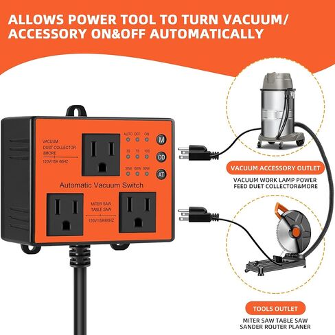 Automatic Vacuum Switch, Autoswitch for Dust Collector Woodworking Shop Miter Saw,120V/15A, Auto/On/Off 3Modes, Adjustable Delay Shutoff in Saudi Arabia