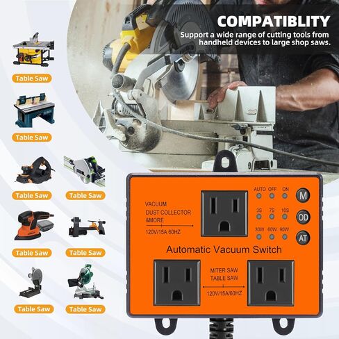 Automatic Vacuum Switch, Autoswitch for Dust Collector Woodworking Shop Miter Saw,120V/15A, Auto/On/Off 3Modes, Adjustable Delay Shutoff in Saudi Arabia