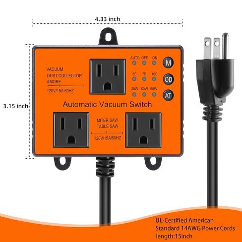 Automatic Vacuum Switch, Autoswitch for Dust Collector Woodworking Shop Miter Saw,120V/15A, Auto/On/Off 3Modes, Adjustable Delay Shutoff in Saudi Arabia