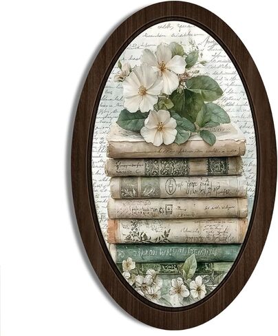 BIWSHA خمر كتاب بيضاوي جدار الفن ديكور المكتبة، عشاق الكتب هدايا النادي، ريفي الأزهار Bookish مؤطرة خشبية جدار الفن شنقا ديكور غرفة لغرفة المعيشة مكتبة المنزل، 10.2x15.7 بوصة in Kuwait