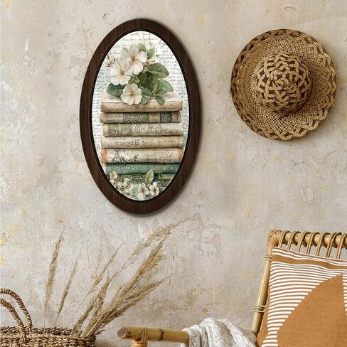 BIWSHA خمر كتاب بيضاوي جدار الفن ديكور المكتبة، عشاق الكتب هدايا النادي، ريفي الأزهار Bookish مؤطرة خشبية جدار الفن شنقا ديكور غرفة لغرفة المعيشة مكتبة المنزل، 10.2x15.7 بوصة in Kuwait