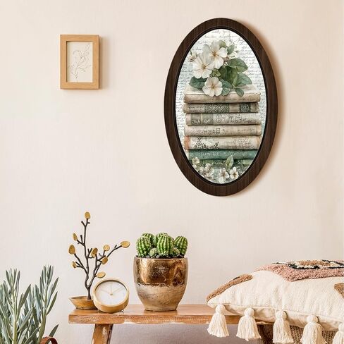 BIWSHA خمر كتاب بيضاوي جدار الفن ديكور المكتبة، عشاق الكتب هدايا النادي، ريفي الأزهار Bookish مؤطرة خشبية جدار الفن شنقا ديكور غرفة لغرفة المعيشة مكتبة المنزل، 10.2x15.7 بوصة in Kuwait