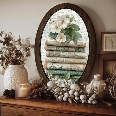 BIWSHA خمر كتاب بيضاوي جدار الفن ديكور المكتبة، عشاق الكتب هدايا النادي، ريفي الأزهار Bookish مؤطرة خشبية جدار الفن شنقا ديكور غرفة لغرفة المعيشة مكتبة المنزل، 10.2x15.7 بوصة in Kuwait