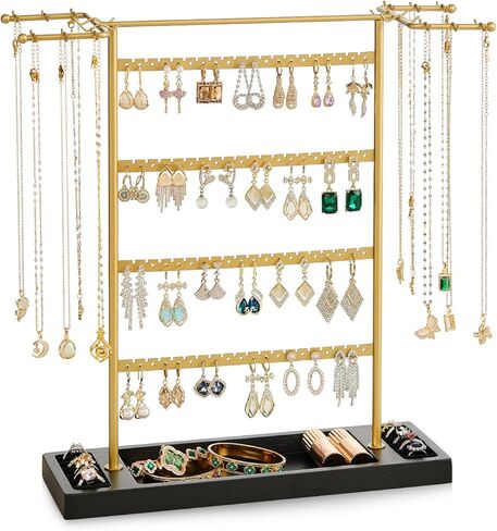 Pinzoveco Jewelry Organizer, 4 Tier Earring Holder Organizer with Base Tray, Jewelry Holder Organizer Stand for Necklaces Holder, Rings, Bracelets, Jewelry Display and Storage, Black & Brown in Saudi Arabia