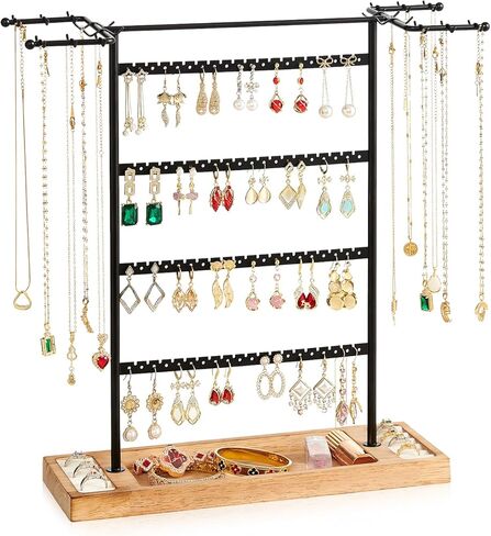 Pinzoveco Jewelry Organizer, 4 Tier Earring Holder Organizer with Base Tray, Jewelry Holder Organizer Stand for Necklaces Holder, Rings, Bracelets, Jewelry Display and Storage, Black & Brown in Saudi Arabia