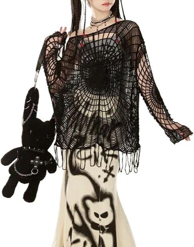 Goth Hollow Spider Web Tops Women's Casual Knit Sweaters Fishing Net Blouses Mesh Pullovers in Saudi Arabia
