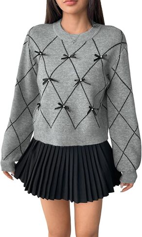 Y2K Cute Bow Sweater for Women, Long Sleeve Crew Neck Knit Pullover Crop Top in Saudi Arabia